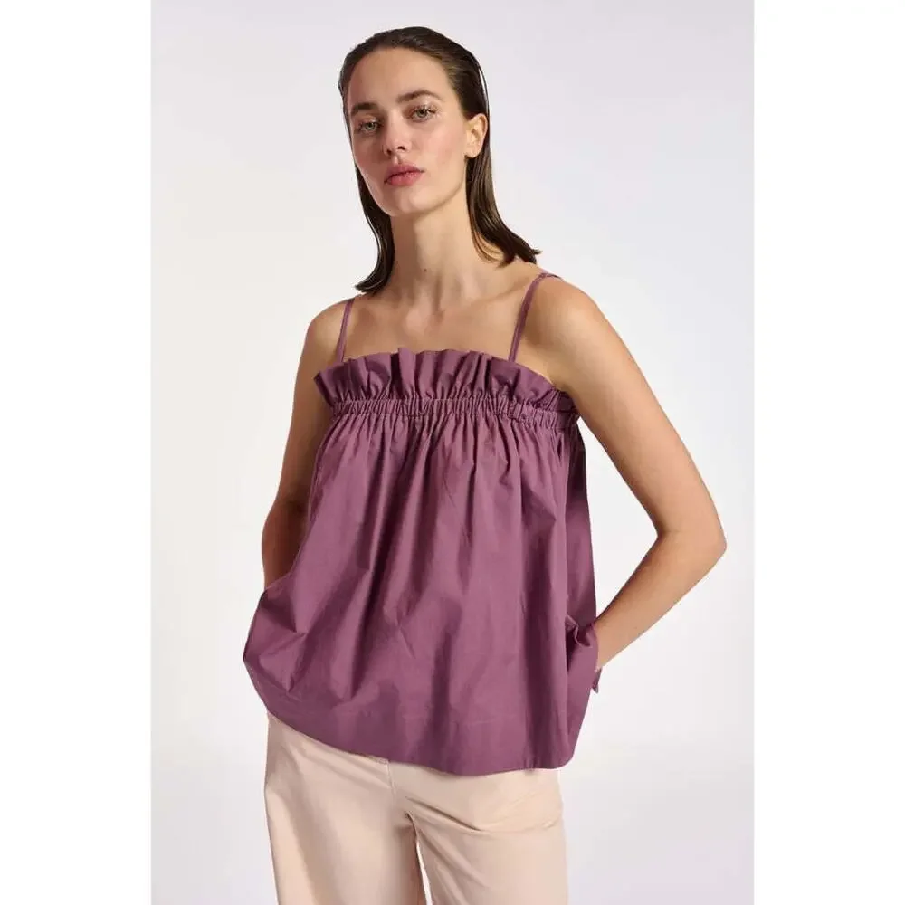 Essentiel Antwerp Bubu Elasticated Ruffle Top Dirty Purple cotton WOMENS 36 US 4